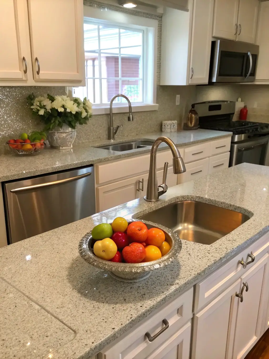A sparkling clean kitchen with gleaming countertops and spotless appliances, highlighting Hey! Clean's attention to detail in residential cleaning.