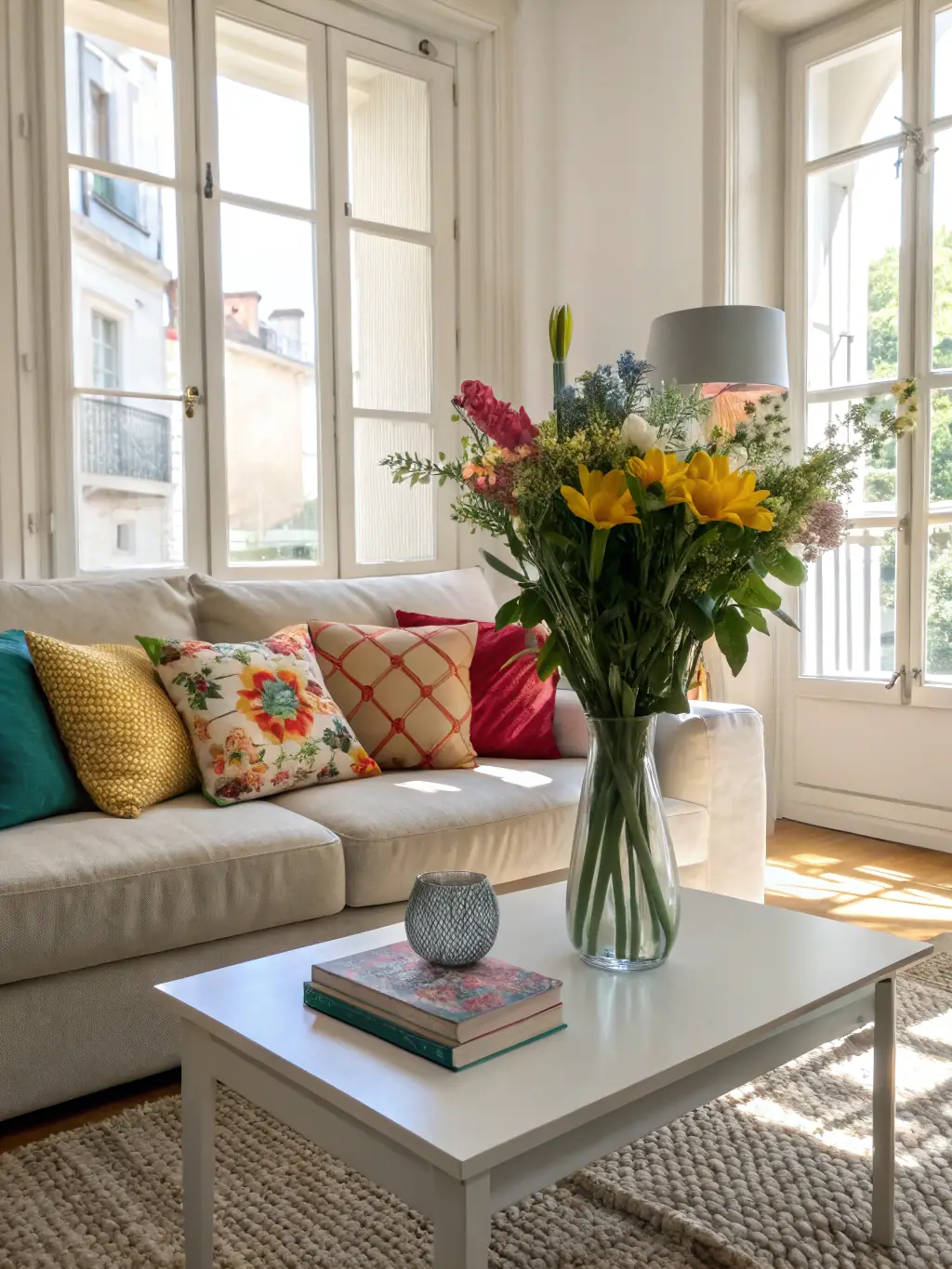 A brightly lit living room with a spotless coffee table and perfectly arranged cushions, showcasing a recently cleaned residential space by Hey! Clean.