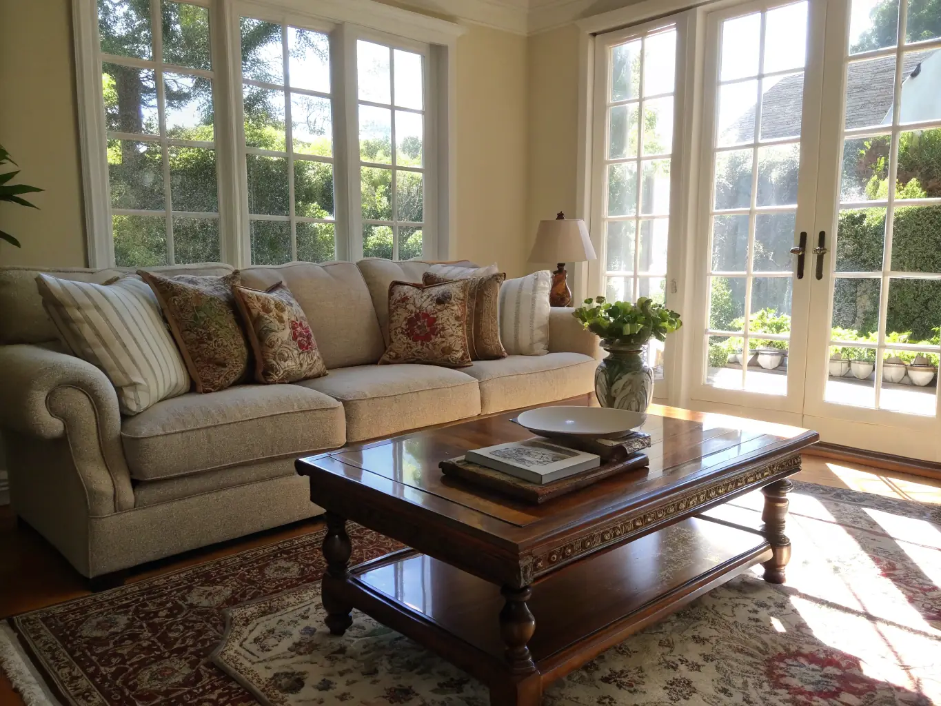 A brightly lit and impeccably clean living room, showcasing the results of Hey Clean's residential cleaning service, with attention to detail on surfaces and furniture.