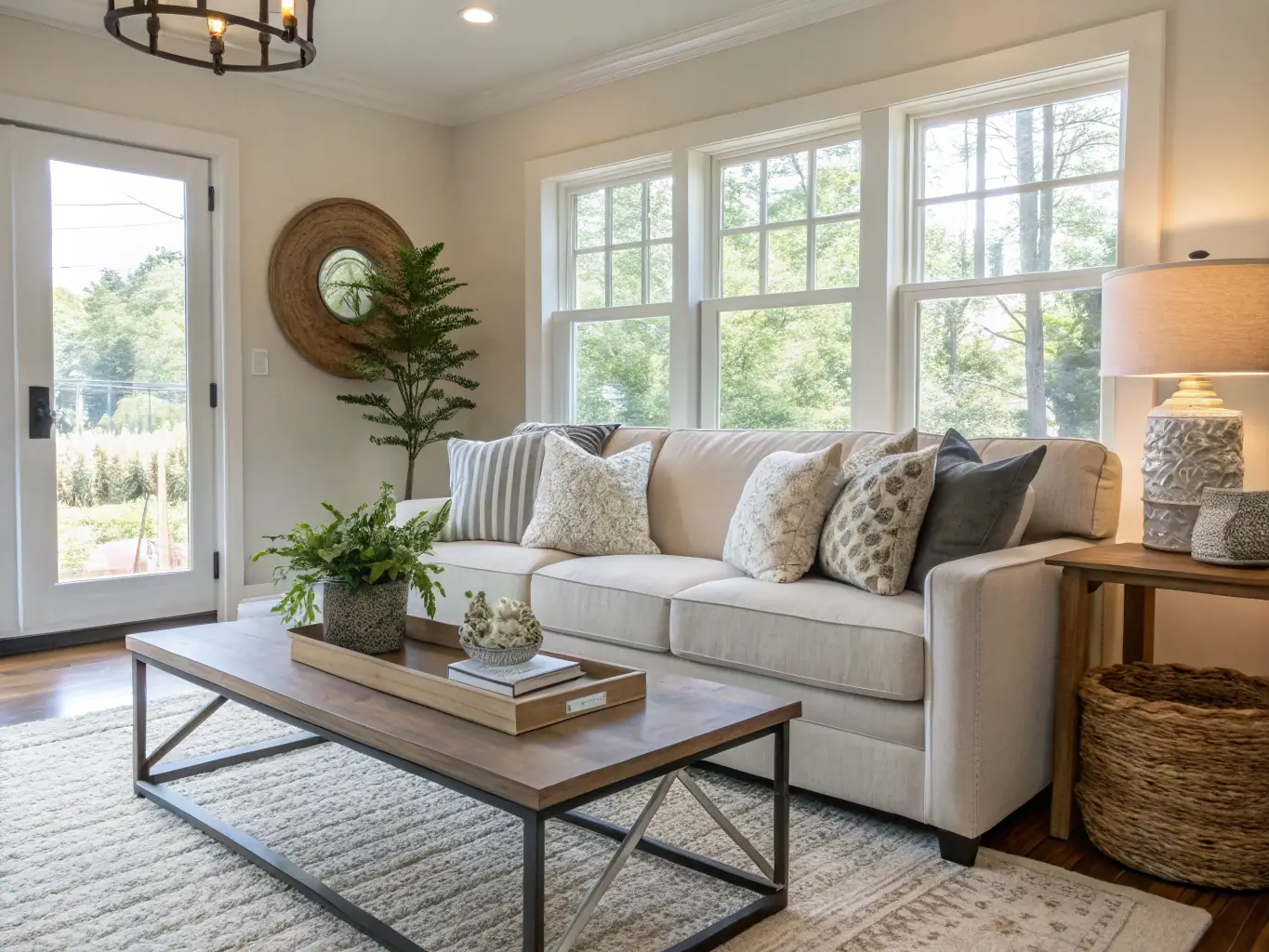 A bright and welcoming Airbnb apartment living room, professionally cleaned and staged with fresh linens and decorative pillows, ready for new guests.