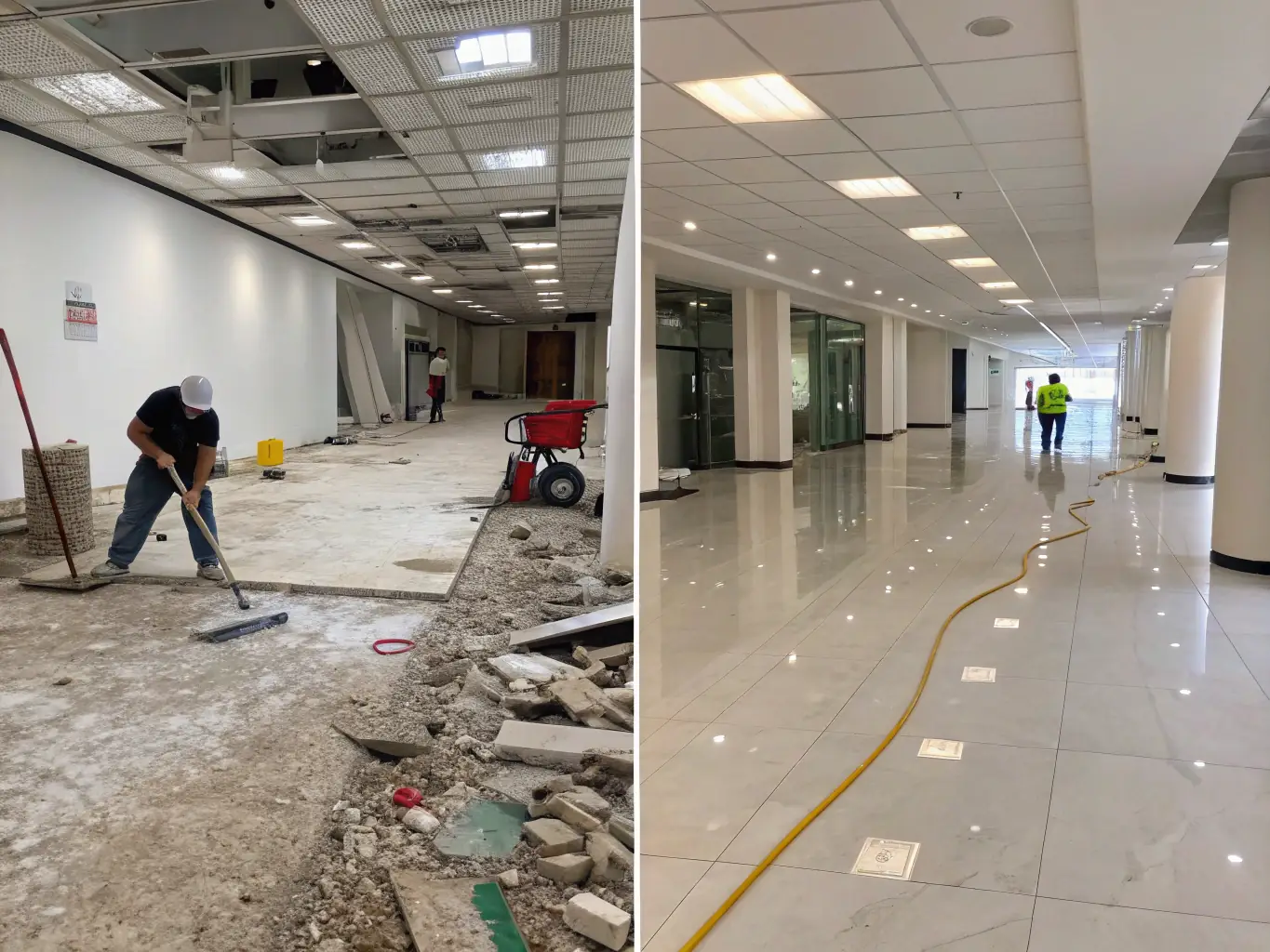 A before-and-after shot of a construction site, with the 'after' side showing a clean, dust-free space thanks to Hey Clean's after-builders cleaning service.