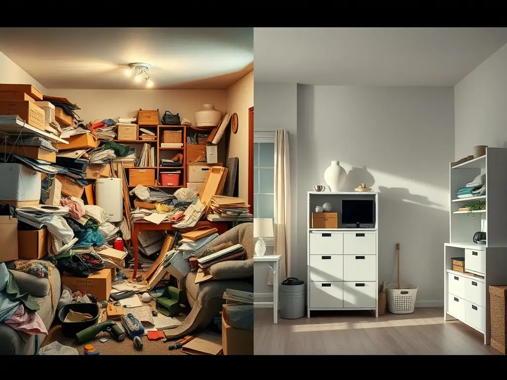 A split image showing a before-and-after comparison of a dusty, messy room and the same room sparkling clean after professional cleaning services.