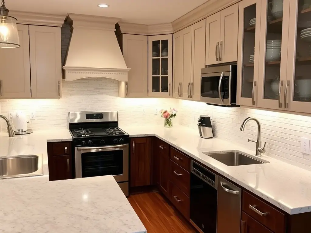 A bright, clean apartment kitchen after an end-of-tenancy cleaning, showcasing sparkling appliances and spotless countertops, emphasizing the thoroughness of Hey Clean's service.